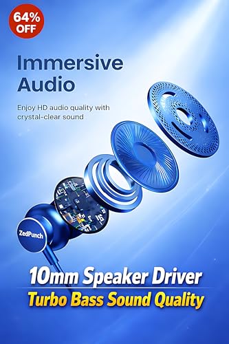 Image of ZedPunch Wired Earphones with Mic, Type-C Jack, 10mm Dynamic Bass Drivers, Magnetic Metal in-Ear Headphones, Low Latency Sound for Gaming, 3 Button Control, HD Calling, Voice Assistant, Blue