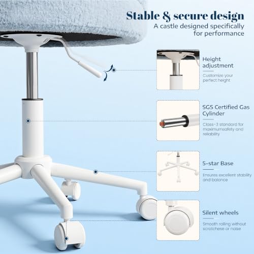 Image of DurayLoly Vanity Chair with Wheels,Open Back, Armless,Light Blue | Chair Soft Teddy Fabric 6 inch Thick Cushion, Height Adjustable 17.5 inch-21.5 inch, 360 Swivel for Vanity Table, Home Office