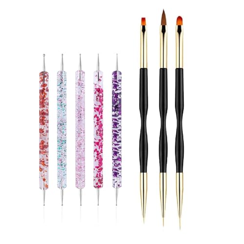 FULINJOY Nail Dotting Tools 8 Pcs Kit - 5PCS Nail Dotting Pens with 3 PCS Nail Painting Brushes Double Ended Brush and Dotting Tool Kit Nail Art Design Tools