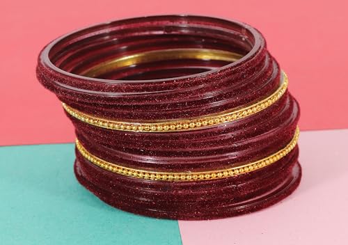 Image of NMII Glass Bangles For Women and Girls with Velvet and Golden Ballchain Linked | Plain Glass Bangles | Velvet Chudi Set | Bangles For Women | Stylish Glass Chudi Bangles- Set of 28