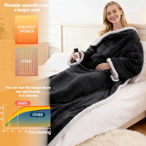 Image of Wearable Heated Blanket With Sleeves & Foot Pocket, Heated Throw Blankets Fast Heating Blanket With 10 Heat Settings Auto Shut Off Over-Heat Protection-Warm Gift, Machine Washable, 52 inch*72 inch+18 inch