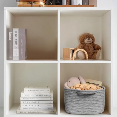 Image of Cute Gray Gift Basket, Woven Baskets for Gifts Empty, Cotton Rope Storage Bin for Organizing, Kids Cat Dog Toy Box, Baby Nursery Organizer, Wicker Easter Basket with Handle, Grey Room Decor
