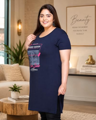 Image of In Love Women's Printed Cotton Plus Size Longline T-Shirt with Pockets | Cotton fabric - soft longline T-shirt with easy plus-size fit