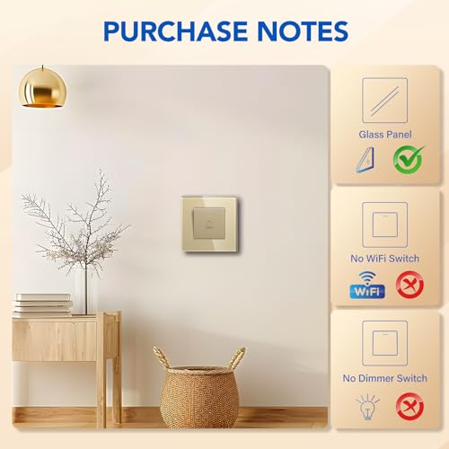 BSEED Türklingel Druckschalter Kristallglas Panel Wandschalter 10A 250V Türklingel Gold