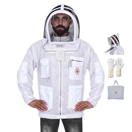 Bee Proof Beekeeping Jacket with Veil 3-Layer Ultra Ventilated Veil Fencing YKK Zippers Full Protection Suit Carrying Bag (BP-301-White)-XL