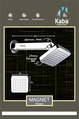 Image of KABA by ACQUASO 4x4 inch Inch Square Overhead Rain Shower Head with 9 inch Inch Stainless Steel Arm | High Pressure Chrome Finish Shower | Wall Mounted Shower for Luxury Bathroom (MAGNET)