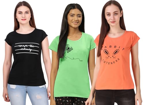 Image of MODISH women's round neck cap sleeve printed cotton t-shirts combo of 3 t-shirts