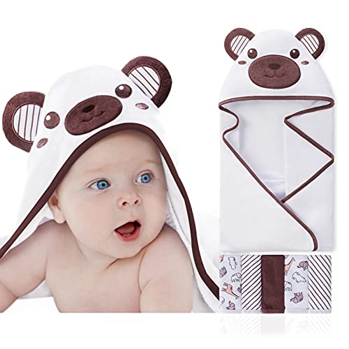 Image of SYNPOS Baby Bath Towels, Newborn Hooded Baby Towel with 5 Baby Washcloths - Ultra Absorbent and Soft Cotton Hooded Bath Towel for Babie, Toddler, Infant - Unisex Hooded Baby Bath Towel (Brown Bear)