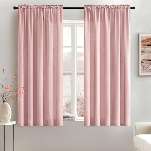 Image of MIULEE Light Pink Semi Sheer Privacy Curtains Drapes 2 Panels 52W x 63L | Semi sheer privacy, non-see-through, light filtering, fits kitchen, bathroom, bedroom