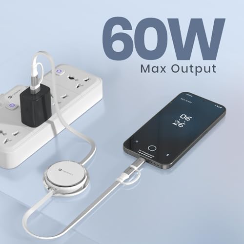 Image of Portronics 60W Quadline 4-In-1 Multifunctional Fast Charging Retractable Cable With Multiple Port & Strong Heads, Strong, Type C, Lightening, USB A, Fast Data Sync, 1M Cable Length (White)