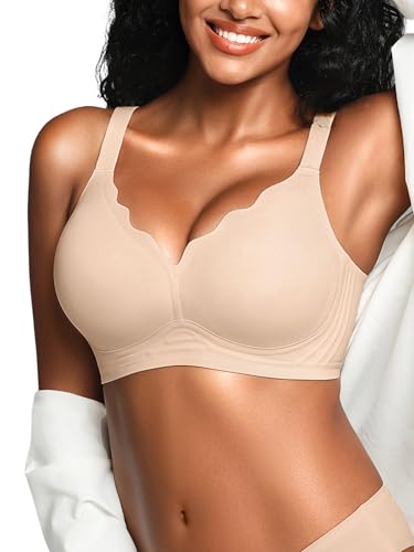 Cuteio Wireless Jelly Bras for Women No Underwire with Support - Seamless Wirefree Bralettes Everyday Full Coverage Comfort Tshirt Padded Bra Nude L