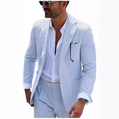 Seersucker Men's Suits 2Pcs Summer Formal Business Office Wedding Groom Tuxedos Pinstripe Man Suits