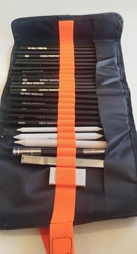 Kit de Desenho Profissional com 26 Peças, Lápis de Grafite 2H a 10B, Lápis de Carvão, Esfuminhos, Estojo de Tecido com Fecho Laranja para Arte e Esboço