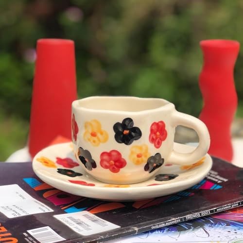 Image of Breeze Multi-Color Ceramic Cup & Saucer Set | Handmade Floral Design Tea & Coffee Cup with Saucer | 200 ml | Ideal for Latte, Cappuccino, Green Tea, Hot Chocolate & Daily Serving