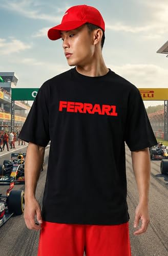 Image of Khakey Men's F1 Racing Graphic Printed Black T-Shirt | Formula 1 Back Print Drop Shoulder Tee | Motorsports Car Print Tshirt for Men & Women | Cotton Streetwear Tee's | Unisex Fit