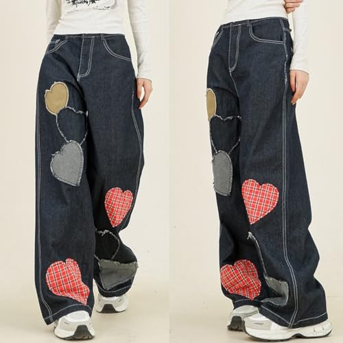 Womens Fashion Y2K Low Rise Wide Leg Jeans Vintage Casual Loose Straight Cute Heart Patch Denim Pants4