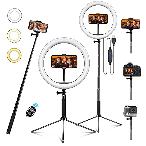 🔥 Crazy Deals 10’’Selfie Ring Light with Selfie Stick Tripod Stand and Phone Holders,10 Brightness Dimmable LED Ring Light for Makeup/Photography/YouTube Videos/Vlog/TIK Tok/Live, Compatible with iPhone & Android