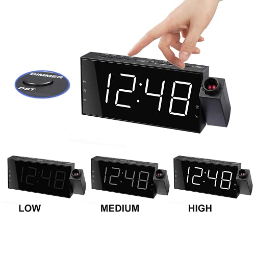 Luide wekker met bedschudder, projectiewekker voor de slaapkamer, trilwekker voor zware slapers met gehoorbeperking, plafondklok met groot led-display dimmer, USB-oplader, 12/24 H, DST - Image 7