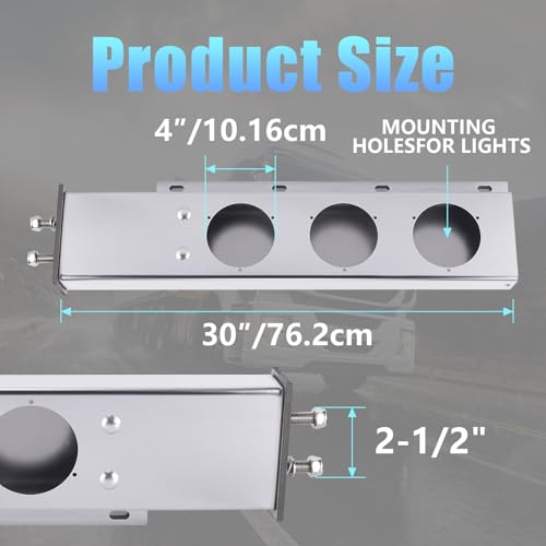 Image of Stainless Steel Mud Flap Hanger Set with 3M Aluminum Reflective Tapes, 2.5 inch Bolt Spring, 2-1 /2 inch Bolt Spacing 30 inch Length Rear Bar with Circle Light Cutouts, Loaded for Semi Trucks