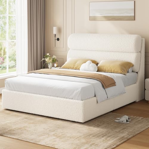 DICTAC Boucle Queen Bed Frame with Headboard, Upholstered Platform Bed