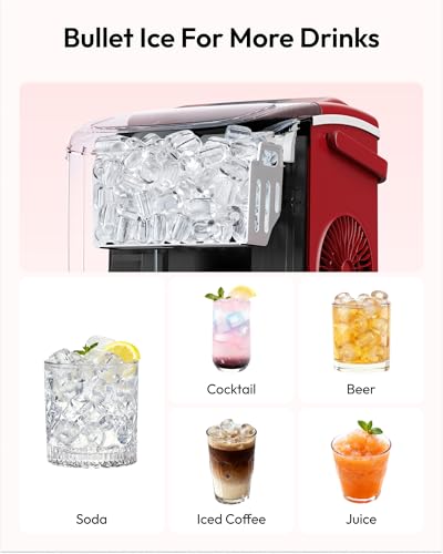 Image of EUHOMY Countertop Ice Maker Machine with Handle, 26lbs Per Day, 9 Ice Cubes Ready in 6 Mins, Auto-Cleaning Portable Ice Maker with Basket and Scoop, for Home /Kitchen /Camping /RV (Red)