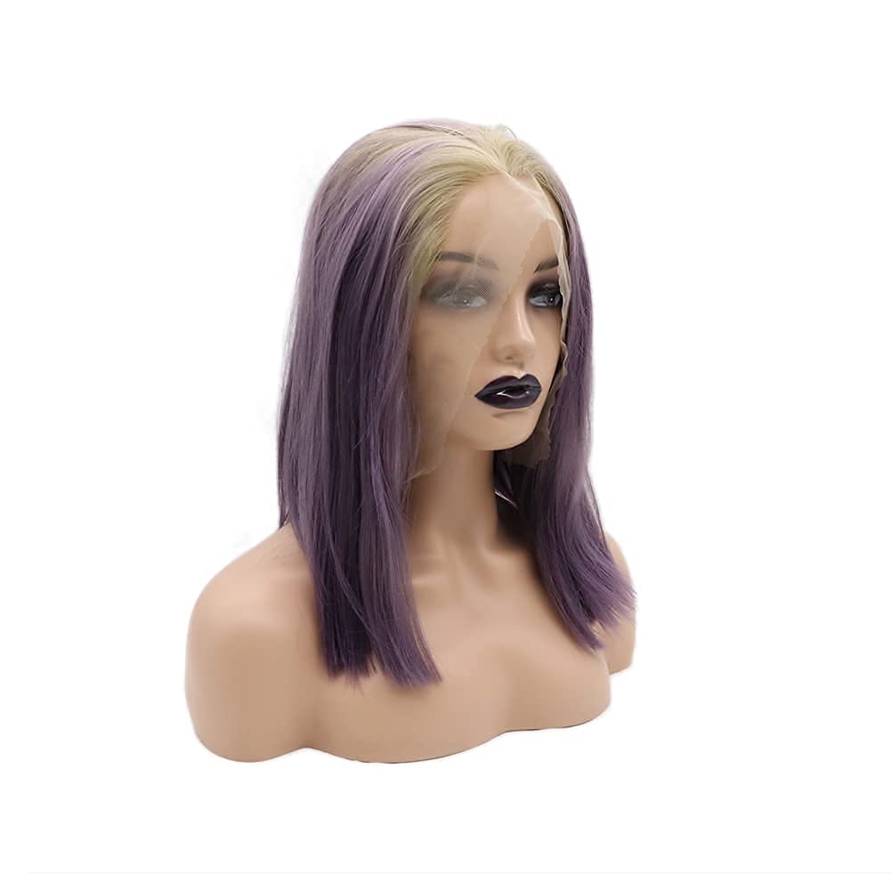 Kalisa Ombre Short Bob Purple Lace Front Wig with Gold Blonde Root 2 Tones Color Straight Bob Wigs Synthetic Wig for Women Heat Resistance Daily Makeup Wig 14 Inch, Purple Mix Gold