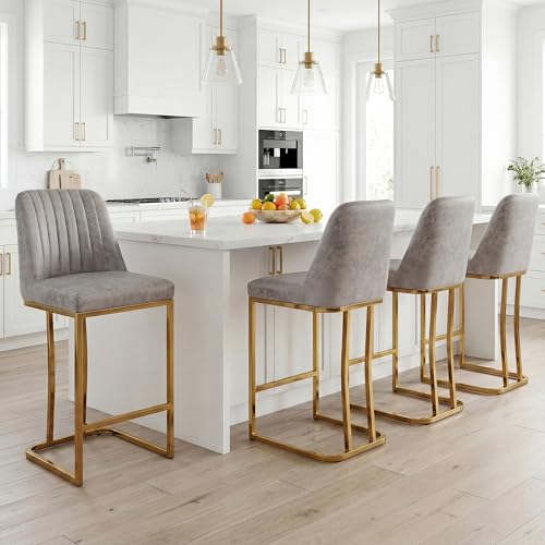 Image of LSSBOUGHT Counter Height Bar Stools Set of 2 24'' Upholstered Padded Barstools with Back Leathaire Counter stools for Kitchen Island Chairs with Gold Metal Iron Frame, Gray