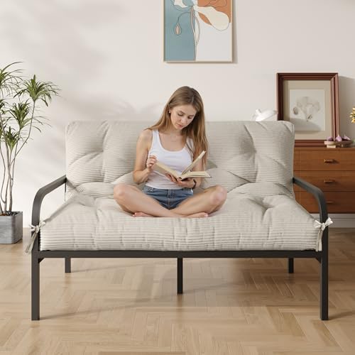 Furnify 6 Futon Mattress Queen Size Futons Sofa Couch Bed with Straps Thick Corduroy Fabric Floor Mattress for Adults Foldable Mattress with Shredded Foam Filling (Frame Not Included) Beige