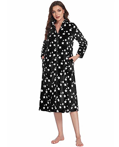 Ekouaer Fleece Robe Womens Long Zip Up Bathrobe Plush Warm Loungewear With Pockets Black Stars Small #TOP2