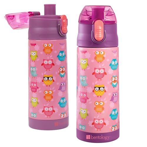 Image of Bentology Stainless Steel 13 Oz Reusable Water Bottle for Kids, Owl | Double Wall Insulated, Spill Proof Lid W /Built-in Straw- Keep Liquids Hot or Cold- Easily Fits in Lunch Boxes & Bags