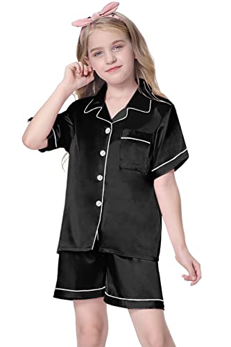 Image of Schbbbta Girls Womens Pajamas, Satin Silky Pjs Set Kids 2Pcs Button-Down Nightwear Sleepwear Gift for Mommy and me