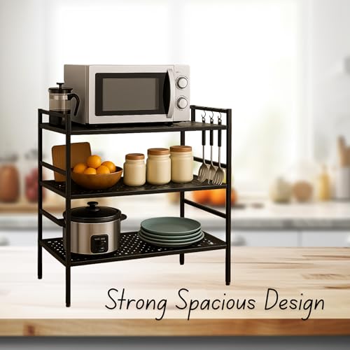 Image of 3-Tier Microwave Oven Stand - Heavy-Duty Black Metal Kitchen Organizer Shelf for Microwave, OTG, Mixer Grinder & Appliances - Space-Saving Countertop Storage Rack