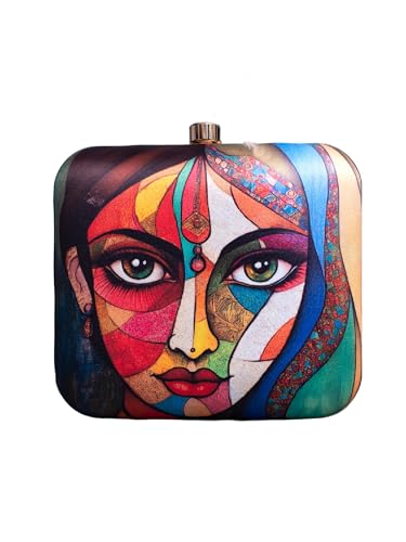 Image of Artklim Printed Box Clutch for Girls - Cross Body Purse with Detachable Golden Chain Strap