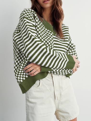 Image of UNCLECAT Womens Striped Checkered Sweater V Neck Fall Trendy Pullover Tops
