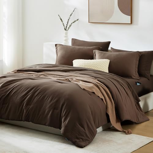 Image of Queen Comforter Set-7 Pieces Soft Prewashed Bed in a Bag Queen Bedding Sets | All Season Comforter with Sheets, Pillow Shams & Pillowcases,Chocolate Brown