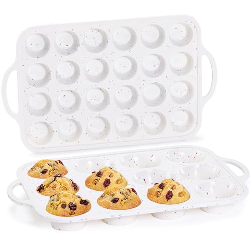 CAKETIME Silicone Muffin Pans for Baking, Metal Reinforced Frame Regular 12 Cups & Mini 24 Cups Cupcake Pan Set Nonstick Muffin Pan for Homemade Baking Easy to Handle