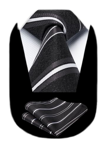 Image of HISDERN Stripe Tie Mens Ties with Pocket Square Set Classic 3.4'' Silk Formal Necktie Handkerchief for Business Wedding