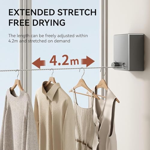 Image of Japanese Retractable Clothesline 4.2 Meter | Wall Mounted Clothes Drying Rope with Stainless Steel Wire, Rotary Lock & Smooth Retract System (Single Line Japanese Black)