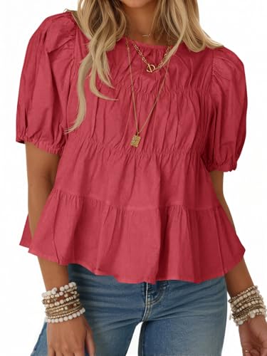 Image of Tankaneo Womens Puff Sleeve Peplum Babydoll Tops Summer Flowy Pleated Cotton T-Shirts Casual Loose Fit Cute Blouse