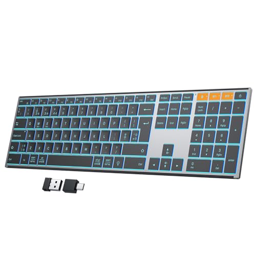OMOTON Wireless Keyboard Metal Case(2.4G+BT) Backlit Bluetooth Keyboard Rechargeable Multi-Device Silent Ergonomic QWERTY UK Layout for Windows/macOS/PC