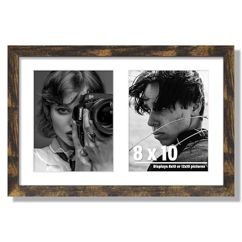 Image of DUENPY 12x19 Double Picture Frame 8x10 Displays Two 8x10 inch Photos Collage Available Horizontal Wall Mounting Display and Vertical Brown