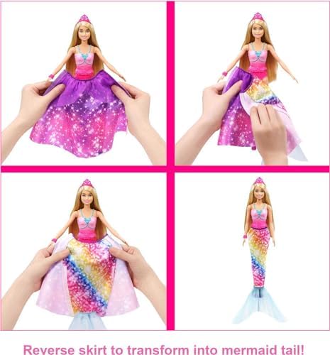 Barbie GTF92 - Dreamtopia 2 w 1 księżniczka w syrenkę, lalka przemieniająca (blond, ok. 30 cm) z 3 stylizacjami i akcesoriami, zabawka dla dzieci w wieku od 3 do 7 lat