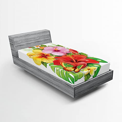 Ambesonne Hawaiian 2 Pack Fitted Sheet, Colorful Hibiscus Blooming, Bed Cover All-Round Elastic Deep Pockets 2 Pieces, Package Contains 2 Twin Size Fitted Sheets, Pink Yellow