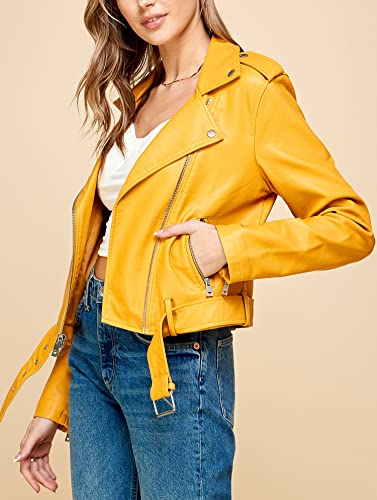 Made By Johnny Mbj Wjc1849 Women's Asymmetrical Faux Lether Belted Moto Jacket Xl Mustard #TOP1