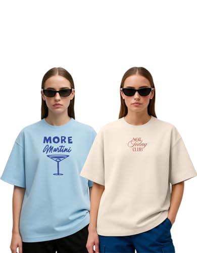 Image of Women's Oversized Cotton Blend Graphic T-Shirt Combo (Pack of 2) | Baggy Fit, Drop Shoulder, Half Sleeves | Sizes S to 2XL