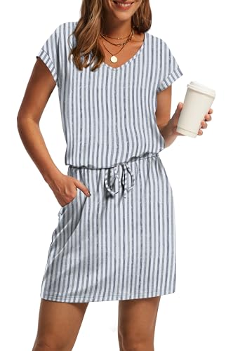 Image of OFEEFAN Summer Dresses for Women 2026 V Neck T Shirt Casual Mini Dresses Tie Waist Sundresses with Pockets
