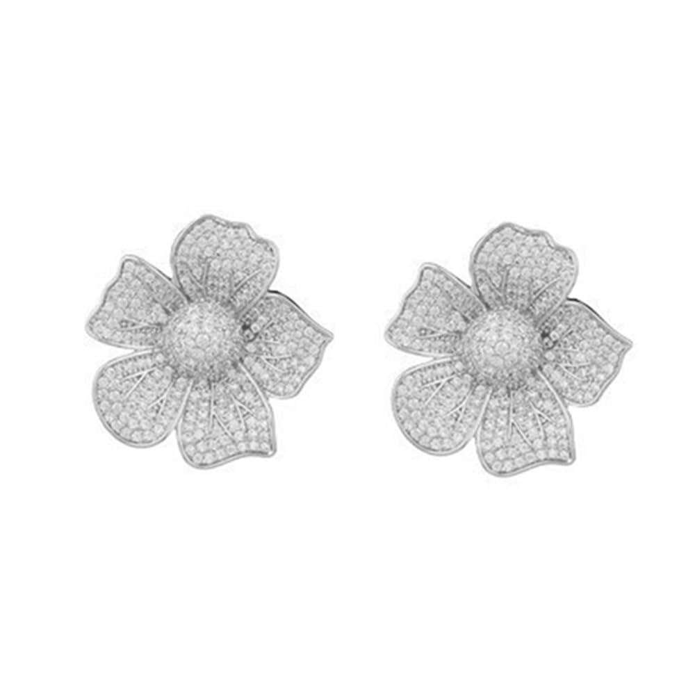 IMINI Pendientes con forma de flor de diamante para mujeres y niñas de plata Post moda lujo pave flor joyería de fiesta de boda regalos delicados para damas de honor de novia, Plata de ley