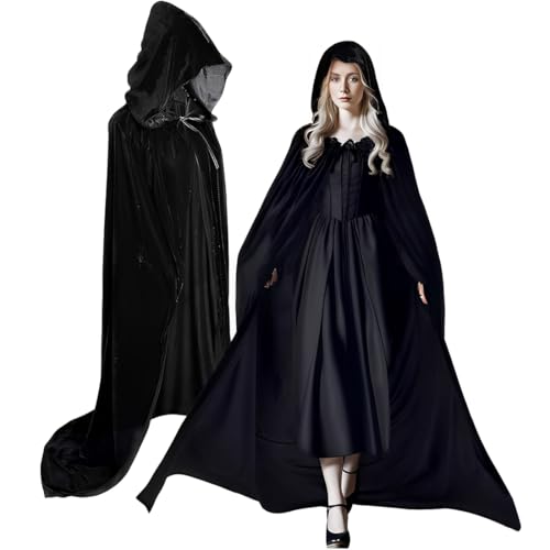 KUMSODE 1 peça preto longo capa com capuz disfarce de Halloween para mulheres homens Halloween carnaval Natal festa disfarces (140 cm)