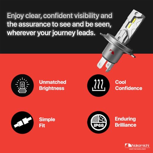 Image of Nakamichi GS810 Series H4 LED Headlight Foglight Light Bulbs for Replacement, 12,000 Lumens 44W Per Set, Cool White, Plug and Play, 1:1 Beam, Pack of 2, 4300K, H4 (HB2 9003)
