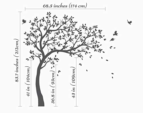 Large Tree Wall Decals Nursery Tree Stickers With Birds Stunning Tree Wall Art Mural Vinyl Wall Decor Kw032 (Leaning Right, White) #TOP1